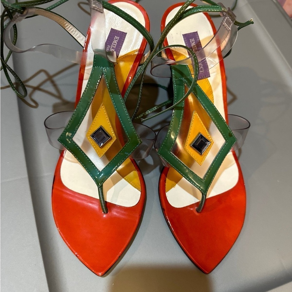 Emilio Pucci Red and Green Geometric Heels with Blue Topaz